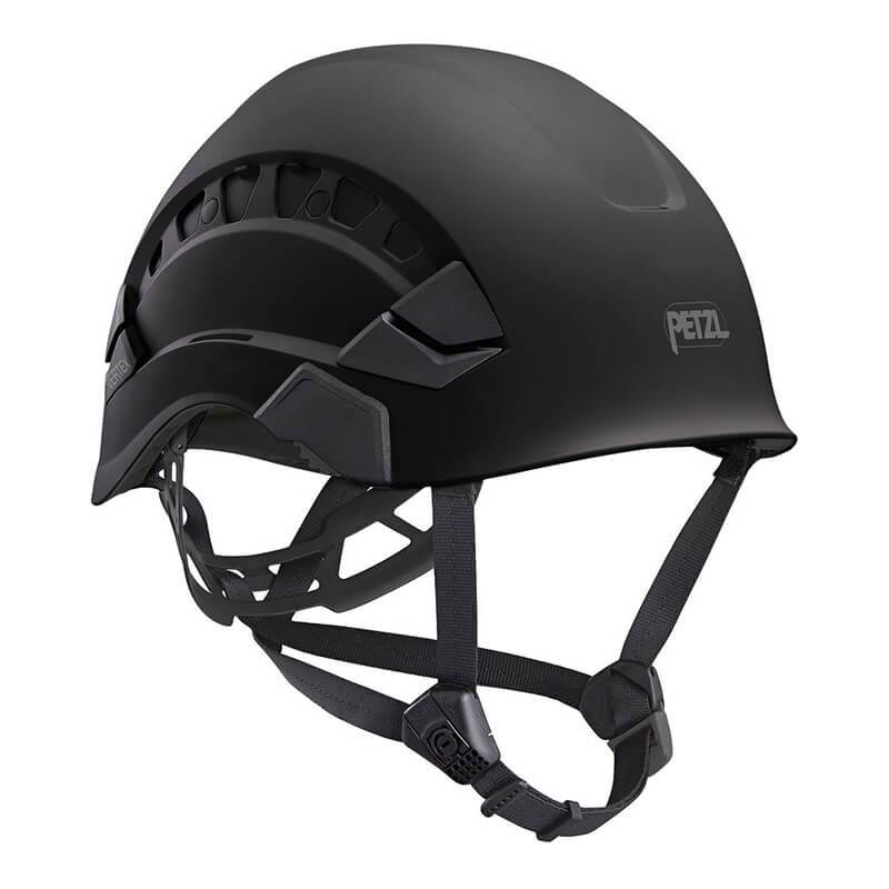 The black Petzl VERTEX VENT Helmet A010CA0 features adjustable straps and ventilation slits. It is a key piece of personal protective equipment and displays the "PETZL" brand on its side with a sleek design.