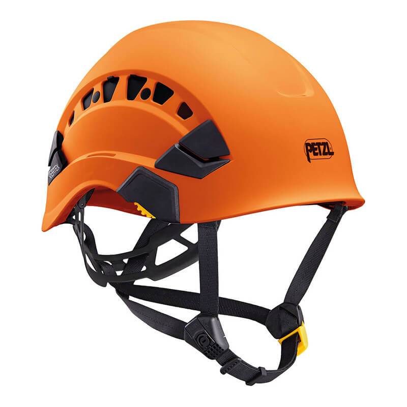 The Petzl VERTEX VENT Helmet A010CA0, an orange climbing helmet with black ventilation slots and a chin strap, features the iconic logo on the side and offers multiple adjustment points for a secure fit.