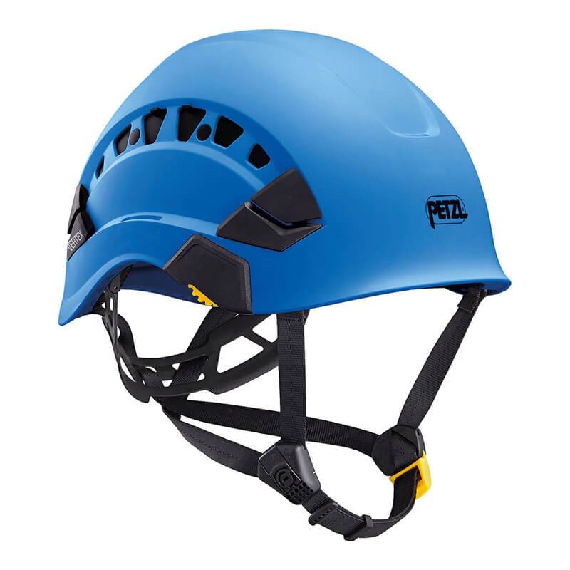 The Petzl VERTEX VENT Helmet A010CA0 is a premium blue helmet featuring ventilation openings, adjustable chin straps, and stylish black and yellow accents with logo details on the sides.