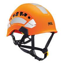 The Petzl VERTEX VENT HI-VIZ Helmet, an orange safety helmet by Petzl, includes a black adjustable-strength chinstrap, reflective side patches, ventilation holes for added comfort, and prominently features the Petzl logo.