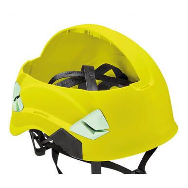 The Petzl VERTEX VENT HI-VIZ Helmet, produced by Petzl, comes in a vivid yellow color with black adjustable straps and reflective patches. It includes ventilation holes for improved comfort and is designed to provide protection in construction or hazardous environments. Additionally, it features an adjustable-strength chinstrap for a secure fit.