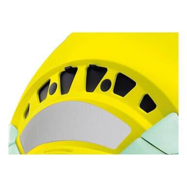 Close-up of a yellow Petzl VERTEX VENT HI-VIZ Helmet, showcasing black and light green detailing, an adjustable-strength chinstrap, and ventilation holes. An abstract and modern design is highlighted by a light gray center area.