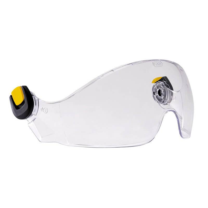 The Petzl VIZIR eye shield, compatible with both VERTEX and STRATO helmets, boasts a sleek and curved design. It features the EASYCLIP System in yellow and black for effortless adjustment. Enhanced with anti-fog coatings, this visor offers reliable eye protection against projectiles in various environments.