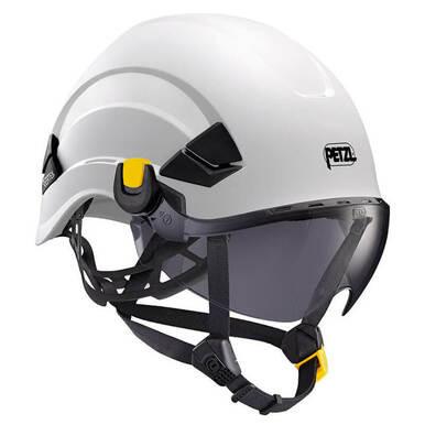 A Petzl safety helmet, featuring a white shell with a clear visor and black chin strap, proudly displays the Petzl logo on the side. Its sleek design includes a yellow adjustment knob at the back and an integral EASYCLIP System for effortless fitting.