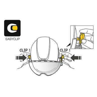 Depiction of the Petzl VIZIR eye shield for VERTEX & STRATO helmets, highlighting its transparent visor with EASYCLIP System and anti-fog coatings. Arrows demonstrate how to attach the visor using side clips, accompanied by an inset image of a hand operating the clip mechanism.