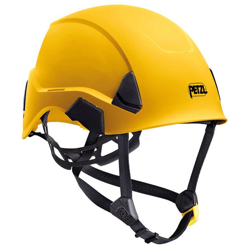 The Petzl STRATO Helmet A020AA0_ by Petzl is yellow with black adjustable straps, features the Petzl logo, and includes a CENTERFIT system for secure head protection on construction or industrial sites.