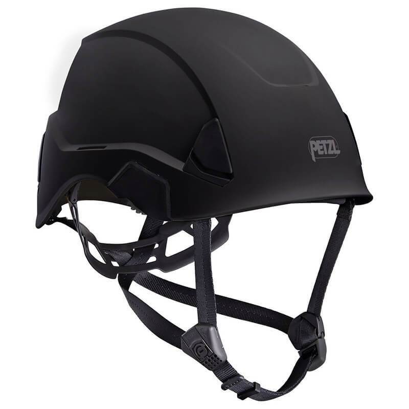 The Petzl STRATO Helmet A020AA0_ in black features a sleek design with ventilation slots, adjustable chin straps, visible PETZL branding, and the FLIP&FIT system for quick, secure adjustments.
