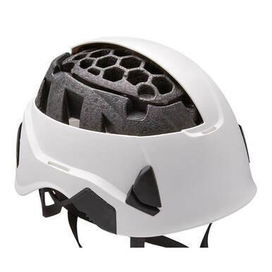 The white Petzl STRATO Helmet A020AA0_ by Petzl features a cutaway design exposing its black honeycomb inner structure, adjustable straps, and the CENTERFIT system for optimal stability.