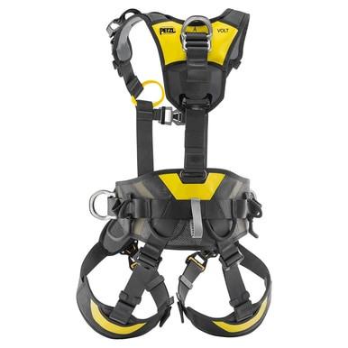 The Petzl Volt International Version Harness C072CA0_ is a black and yellow fall arrest harness featuring multiple adjustable straps, FAST LT PLUS buckles, padded support for comfort, metal attachment rings, and chest strap branding—ideal for climbing or industrial safety.