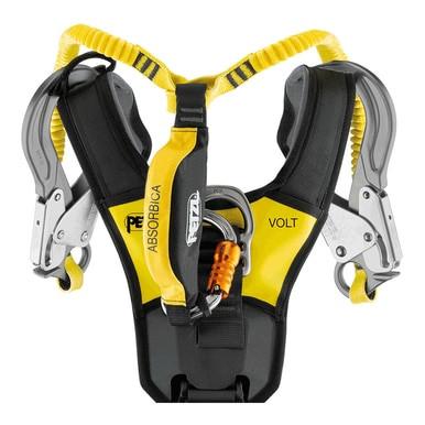 The Petzl Volt International Version Harness C072CA0_ is a yellow and black safety harness with FAST LT PLUS buckles, metal hooks, and carabiners. Labeled "ABsORBICA" and "VOLT," it serves as both a fall arrest and work positioning harness for optimal security.