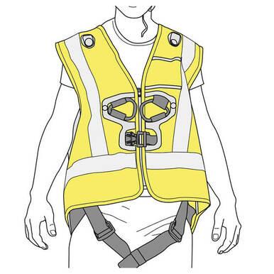 Illustration of a person wearing the Petzl Hi-Vis Vest for NEWTON Harnesses C073_A00 with reflective strips over a NEWTON Harness. The vest is by Petzl, and the person's face is not visible.