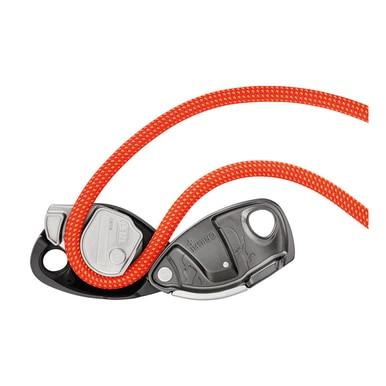The Petzl GRIGRI + Belay Device D13A safely secures an orange climbing rope with its metallic black and silver design, featuring assisted braking, an anti-panic handle, and various mechanisms for enhanced climber control and security.