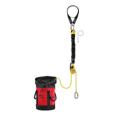 Photo showcasing a Petzl JAG RESCUE KIT safety equipment setup, featuring a red and black carrying bag and fall arrest system with a yellow and black harness, rope, carabiner, and descender. The Petzl kit is arranged neatly on a white background.