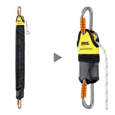 Displayed is the Petzl JAG RESCUE KIT. On the left, the kit is fully extended, while on the right, it's compacted, showcasing its carabiners and rope designed for rescue operations. This versatile product by Petzl ensures reliability in critical situations.