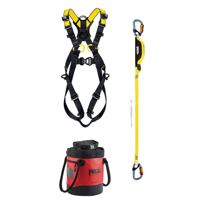 The Petzl NEWTON MEWP Kit K095BA0_ includes a full-body harness, ABSORBICA-I lanyard with carabiners, and a branded storage bag—displayed on a white background—ideal for MEWP fall protection.