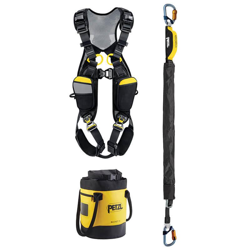 The Petzl NEWTON EASYFIT MEWP Kit K095CA0_, by Petzl, includes an ANSI-compliant black and yellow full-body harness, a black lanyard with carabiners, and a yellow and black bucket bag—ideal for fall protection.