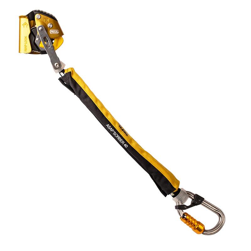 Close-up of a yellow and black Petzl ASAP LOCK Vertical Lifeline Kit, featuring a mobile fall arrester mechanism. It includes a carabiner clip at one end and a durable strap, designed for climbing and safety applications.