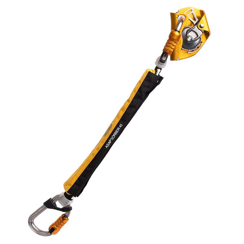 The Petzl ASAP Fall Arrest Kit K097BA0_ features a yellow mechanical ascender with a black and yellow lanyard, silver carabiner, top safety mechanism, energy absorber, and sturdy clip at the bottom for secure climbing attachment.