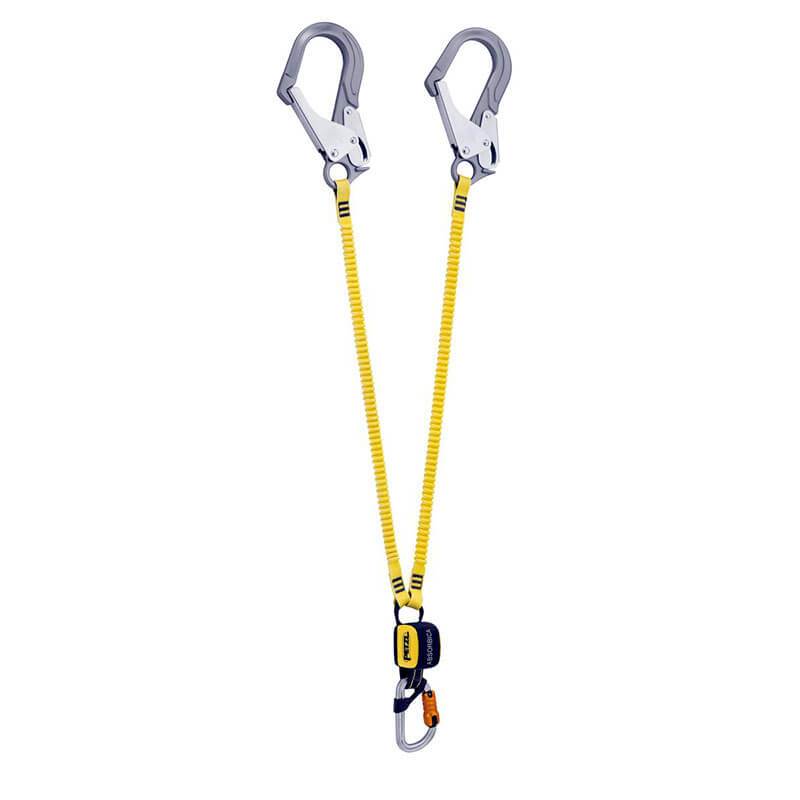 The image displays the Petzl ABSORBICA-Y MGO International Version, a yellow safety lanyard featuring dual silver clips at the top and an energy absorber at the bottom, crafted by Petzl for fall protection in climbing or construction work.