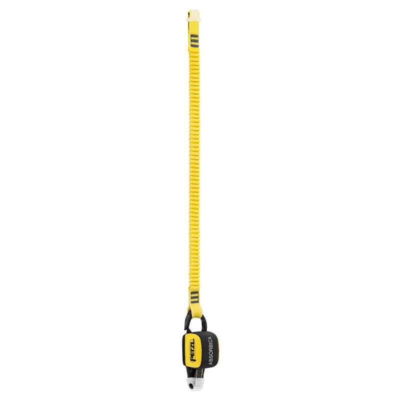 A yellow and black Petzl ABSORBICA-I energy absorber, featuring a stretchy lanyard design, is ideal for safety in climbing and work at height and can be integrated seamlessly with a horizontal lifeline.