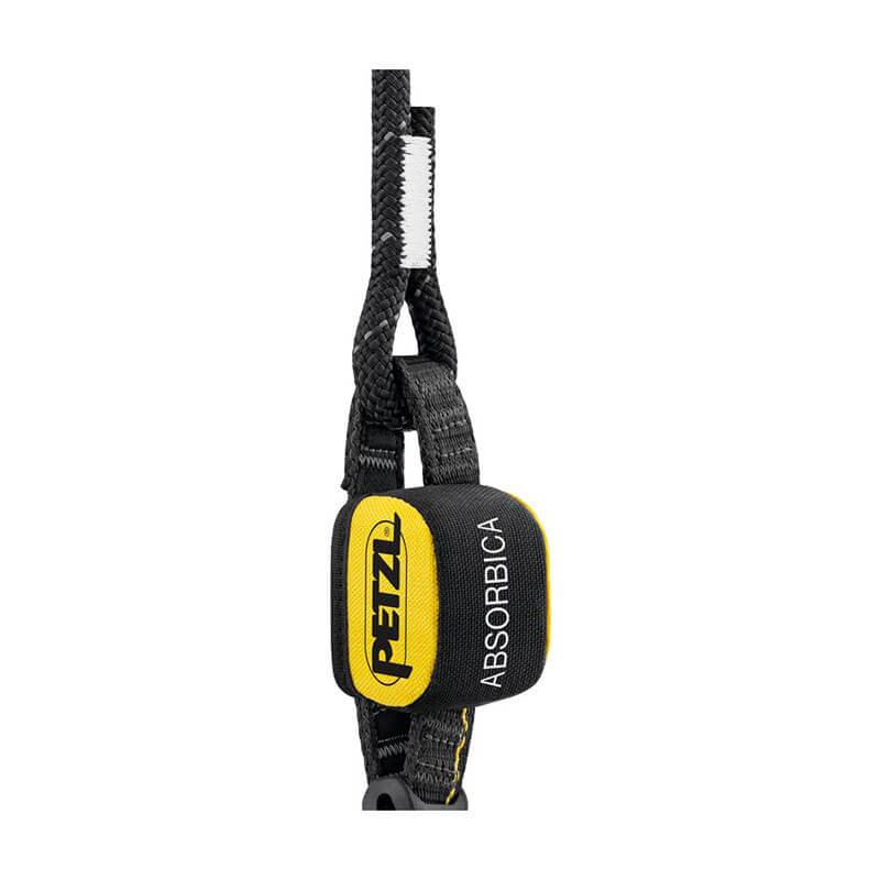 Close-up of a Petzl ABSORBICA-I, an energy absorber in black and yellow, crafted for safety in climbing and fall arrest systems. This device features robust webbing, safety stitching, and integrates seamlessly with a horizontal lifeline to ensure secure attachment during high-risk activities.