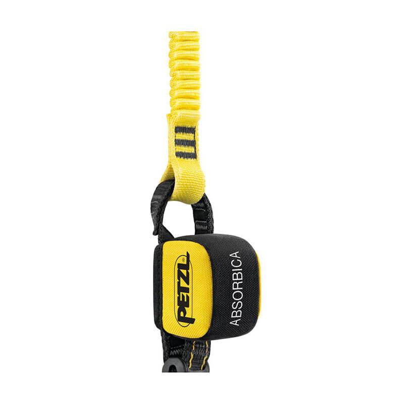 A close-up view of the Petzl ABSORBICA-I energy absorber in black and yellow showcases the prominently featured Petzl logo on its fabric pouch. It is attached to a yellow single lanyard with elastic webbing, designed for fall protection and safety during climbing or work at height.