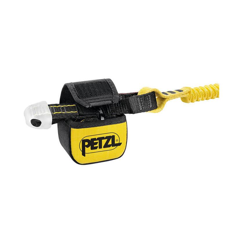 The Petzl ABSORBICA-I wristband, in yellow and black, boasts a coiled yellow strap paired with a small black and white clip. The prominently displayed Petzl brand logo makes it ideal for securing tools or accessories with ease.