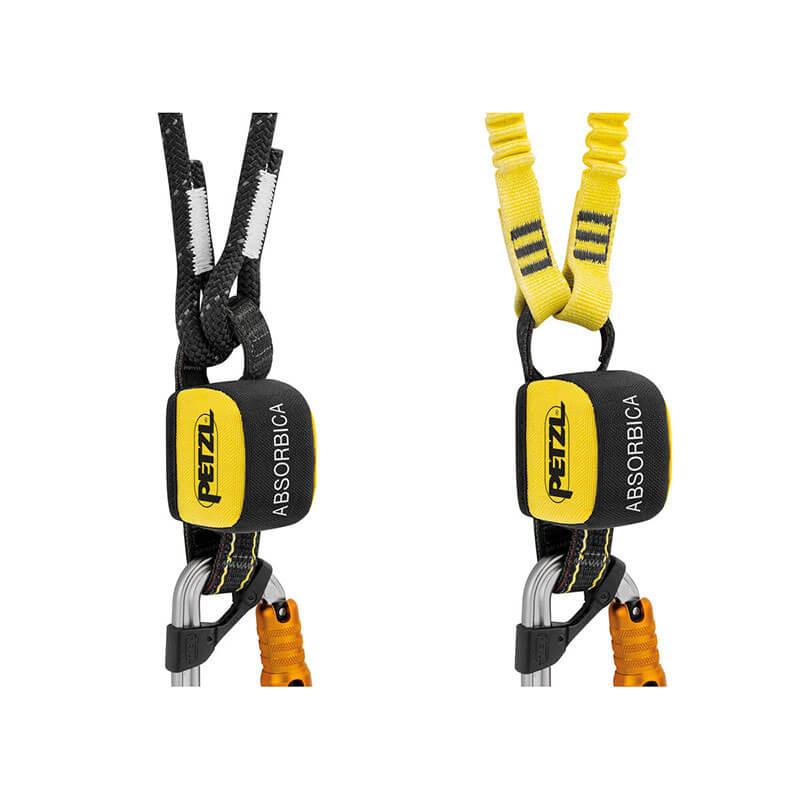 Two Petzl ABSORBICA-Y MGO International Version climbing lanyards feature dual webbing designs—one in black and the other in yellow. Each comes with a metallic carabiner and an "ABSORBICA" pouch for energy absorption, enhancing your protection during climbs.