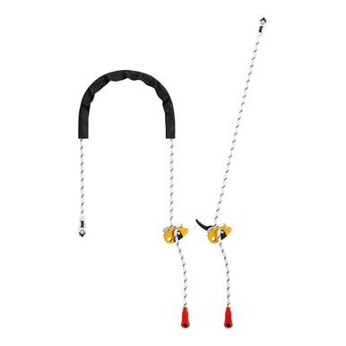 Two white Petzl GRILLON adjustable lanyards for tower climbers are shown, featuring black, yellow, and red components. These work positioning ropes include rope protectors, adjustable mechanisms, and loops for carabiners.