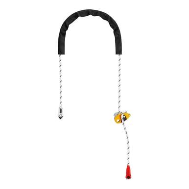 The Petzl GRILLON Adjustable Lanyard for Work Positioning (L052AA0-) by Petzl features a top black cover, metal connectors on each end, and a yellow adjuster—ideal for tower climbers needing reliable positioning.