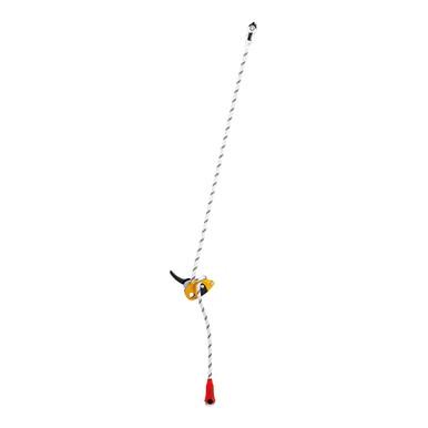 A white rope with black stripes features the Petzl GRILLON Adjustable Lanyard for Work Positioning and a yellow ascender. A top loop and red protective sleeve at the base make it ideal for tower climbers. Brand: Petzl.