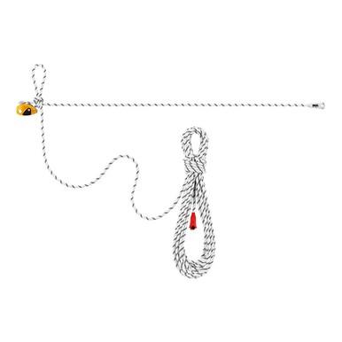 A white rope with black speckles is coiled on a plain background. One end is looped and connected to a small yellow device that resembles the Petzl GRILLON Quick Adjust Work-Positioning Lanyard, ideal for creating horizontal lifelines. The other end extends out straight with a small silver tip, featuring a self-locking adjustment system.