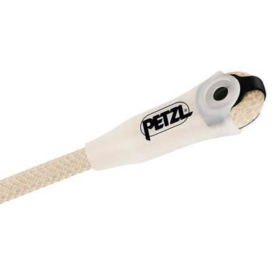 Close-up of a climbing rope with a protective covering at the end, similar to the Petzl GRILLON PLUS Work Positioning Lanyard. The white covering displays the brand name "Petzl" in bold black letters. Made from sturdy aramid fiber, the cream-colored rope has a textured surface perfect for work positioning tasks.