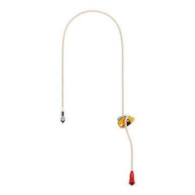 The Petzl GRILLON PLUS Work Positioning Lanyard, created by Petzl, is a yellow and red rope ascender with a white looped cord perfect for climbing. This lanyard is made from durable aramid fiber and includes a yellow locking mechanism halfway along the cord plus red and silver end connectors to ensure secure work positioning.