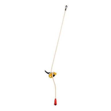 A long, curved pole with a metallic end and a red rubber cap on one side resembles the design of the Petzl GRILLON PLUS Work Positioning Lanyard. It features a yellow handle with a black grip near its center, suggesting it is designed for reaching or work positioning tasks.