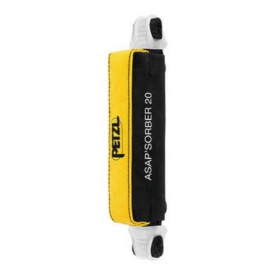 The image shows a Petzl ASAP'SORBER, featuring a sleek black and yellow energy absorber with distinctive white connectors at both ends, crucial for rope protection. The product name is stylishly printed in white on the black area.