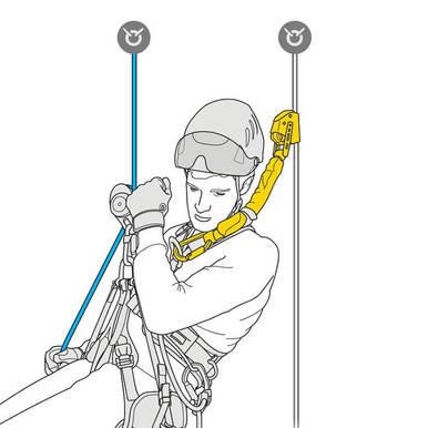 Illustration of a person wearing a helmet and safety harness using a fall arrest system. The individual is adjusting equipment connected to two vertical ropes, one blue and one gray, with the Petzl ASAP'SORBER energy absorber integrated into the yellow lanyard securing them to the harness.