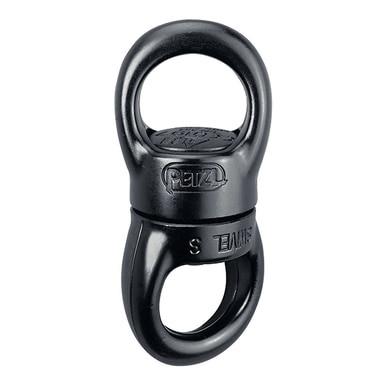 The Petzl Swivel P58, a black climbing connector by Petzl, features two oval loops and a central rotating joint, ideal for rope access and confined space applications.