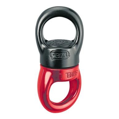 The Petzl Swivel P58, ideal for rope access and confined spaces, features a stylish black and red design. It proudly displays "Petzl" on its black top section and has two oval looped ends for secure attachment.