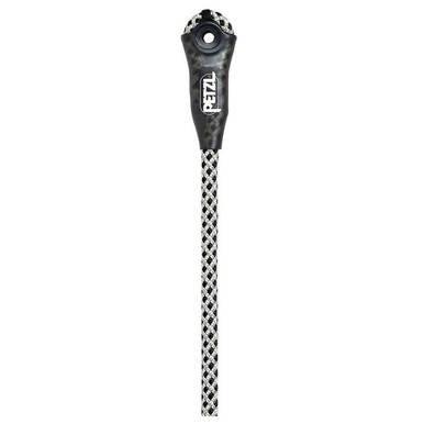 The Petzl RAY 11 mm climbing lanyard features a black and white checkered design and incorporates EverFlex technology for enhanced durability. It includes a plastic attachment point at the top with the Petzl brand name clearly displayed, ensuring it meets the ANSI Z359.15 standard for quality.