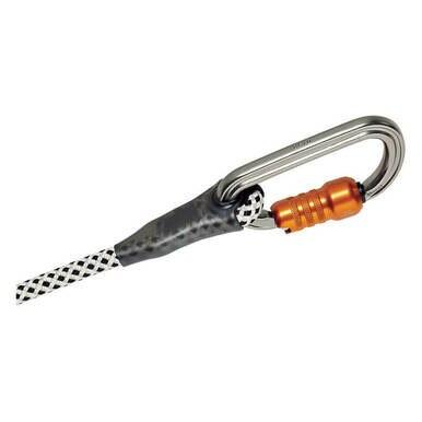 The Petzl RAY 11 mm with sewn termination, featuring an orange locking carabiner, is attached to a black and white patterned low-stretch rope protected by a sleeve. This setup, equipped with EverFlex technology, seems ideal for climbing or securing purposes.