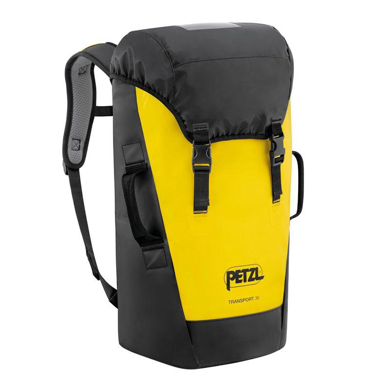 The Petzl TRANSPORT backpack by Petzl, in a Black/Yellow color scheme, is made from TPU tarp material and designed with sturdy shoulder straps, durable handles, and multiple buckles. This comfortable backpack is ideal for outdoor adventures or efficiently carrying climbing gear.