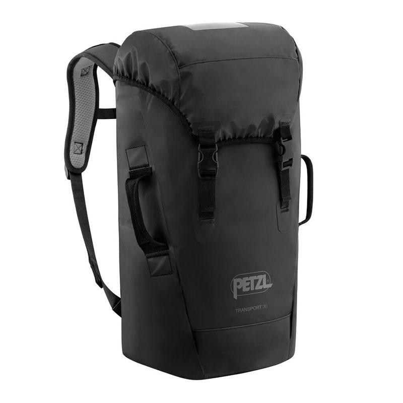 The Petzl TRANSPORT 45-liter backpack, in black, is designed with durable TPU tarp material and features adjustable, padded straps along with sturdy handles on the sides. Its sleek, rectangular shape prominently displays the iconic Petzl logo on the front.