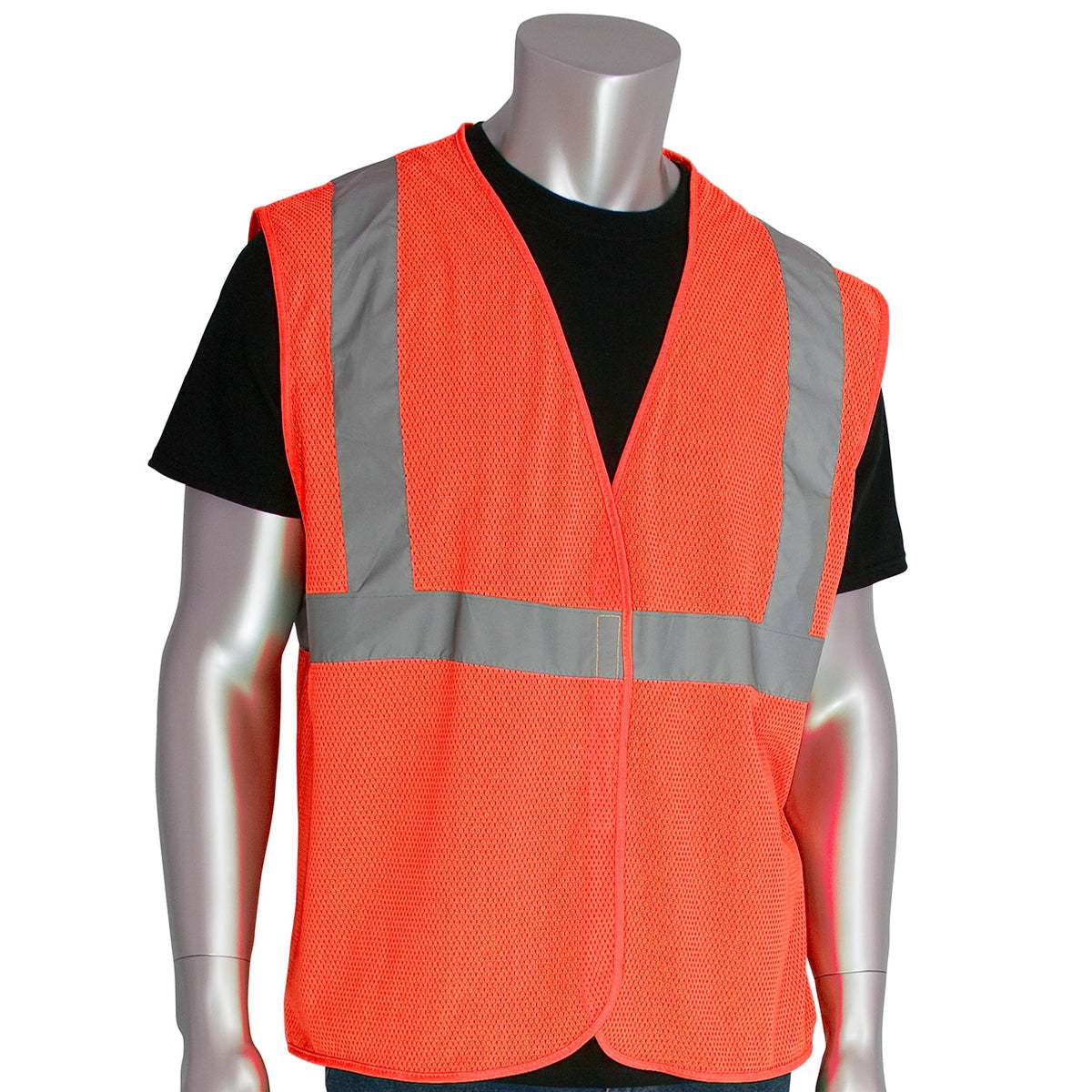 A mannequin displays a black shirt under the PIP Type R Class 2 Two-Tone Value Mesh Vest 302-MVG in Hi-Vis Orange with reflective silver stripes, showcasing essential traffic safety gear, against a white backdrop.