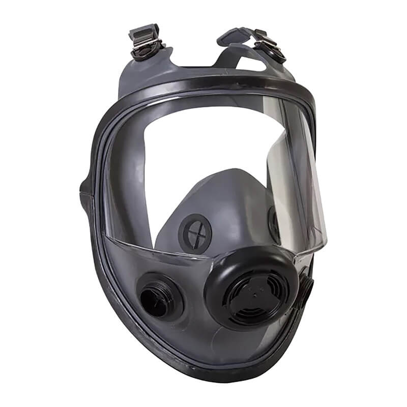 The PIP North Full Respirator Facepiece - Medium/Large 54001 by PIP is a black, full facepiece mask with a clear visor, adjustable straps, and two front filter ports for reliable protection against airborne particles.