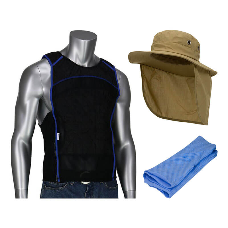 A mannequin displays the PIP EZ-Cool Evaporative Cooling 3 Piece Bundle by PIP: a black vest with blue trim, ranger hat with neck flap, and folded blue PVA cooling towel, all shown on a white background.