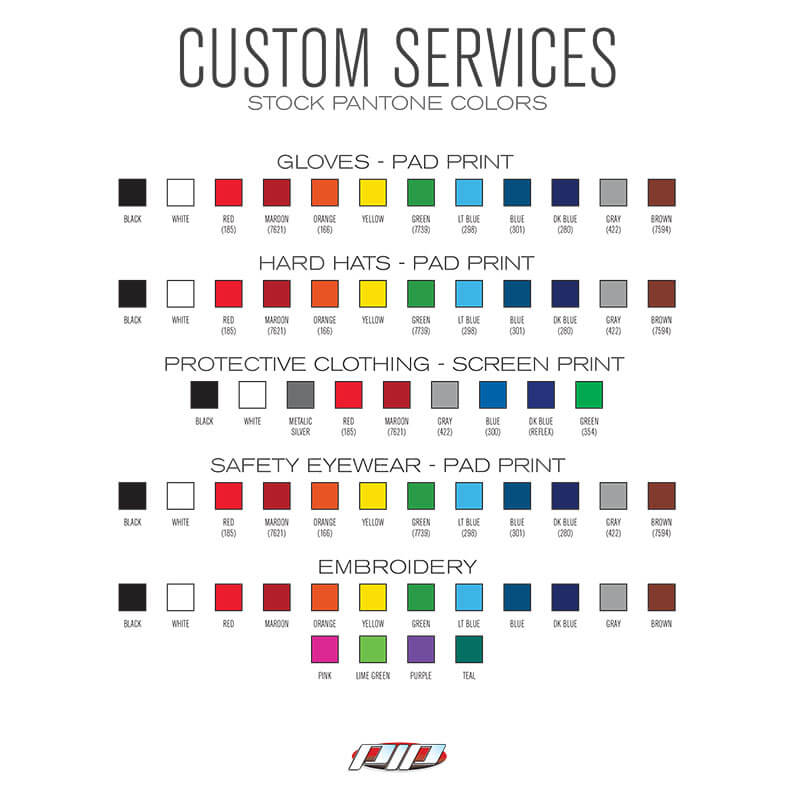 A chart titled "Custom Services Stock Pantone Colors" displays color options for gloves, hard hats, safety eyewear, embroidery, and the PIP ANSI Type R Class 3 Two-Tone T-Shirt 313-CNTSP, with labeled swatches for each item.