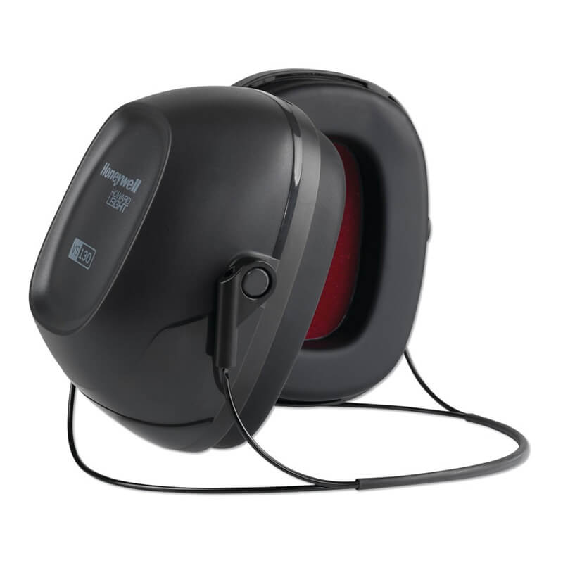 The Honeywell VS130N VeriShield Neckband Earmuff 1035116-VS from PK Safety Supply offers an impressive Noise Reduction Rating for effective sound isolation. Featuring a compact, foldable design and a subtle logo on the side, these black over-ear earmuffs seamlessly combine functionality with style.