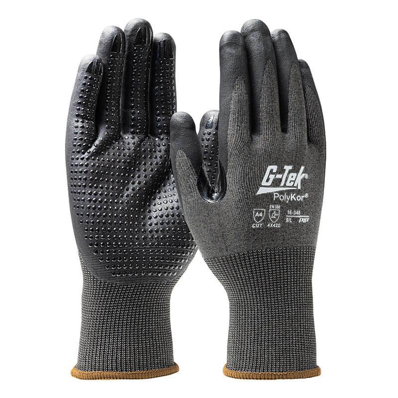Introducing the PIP G-Tek PolyKor Glove with Nitrile Coated Foam Grip (16-348). These black, textured work gloves feature gray cuffs and proudly display the "G-Tek" and "PolyKor" brand names on the back. Designed as seamless knit gloves, they are crafted from durable materials to ensure protection across various tasks, allowing you to tackle challenges with confidence and comfort.
