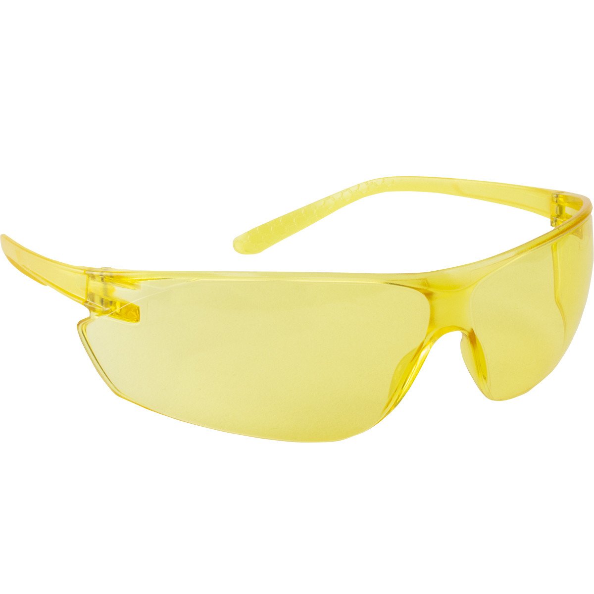 The PIP Zenon Ultra-Lyte Anti-Scratch Safety Glasses 250-14-000_ have a sleek wraparound design with curved temples and yellow translucent lenses and frame, offering both eye protection and a bright uniform appearance.